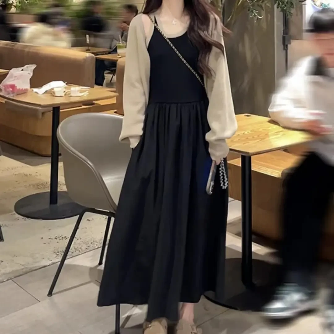 初秋时尚针织开衫拼接法式连衣裙套装