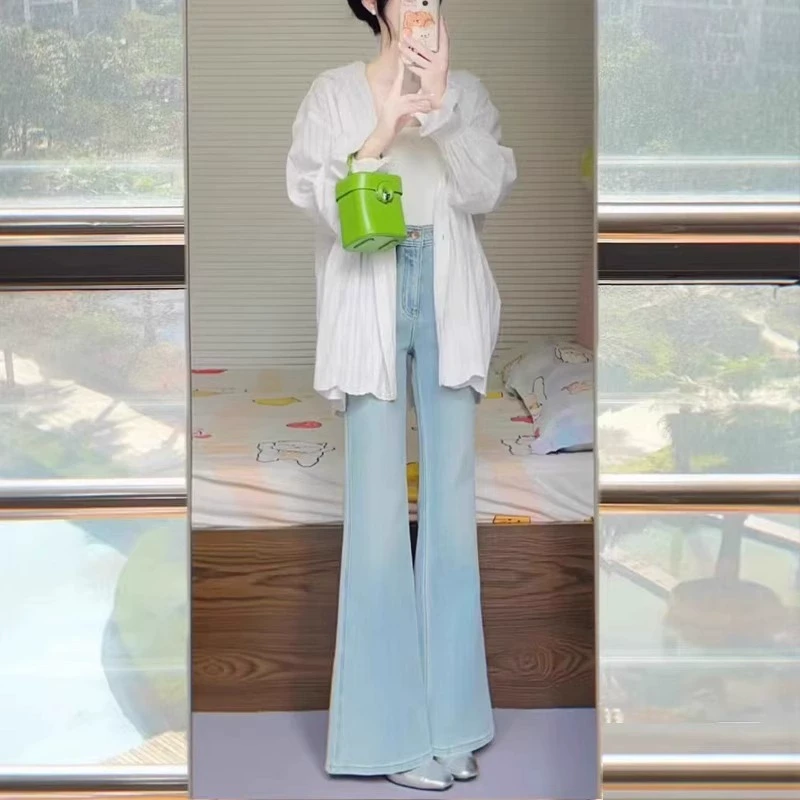 2025夏季新款高腰显瘦直筒牛仔裤女宽松拖地不贴腿百搭简约喇叭裤