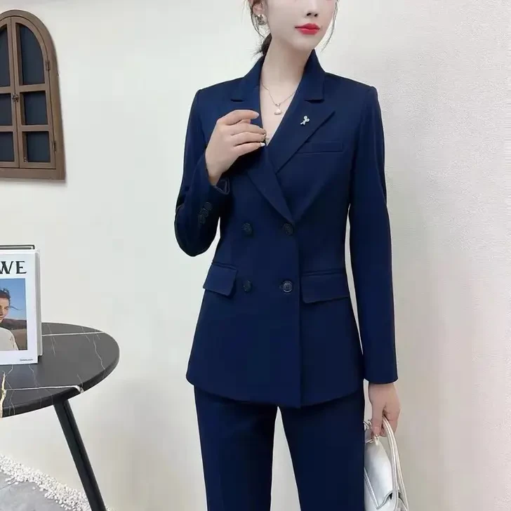藏青色加厚双排扣职业女士西服套裤秋冬款修身显瘦许氏依人