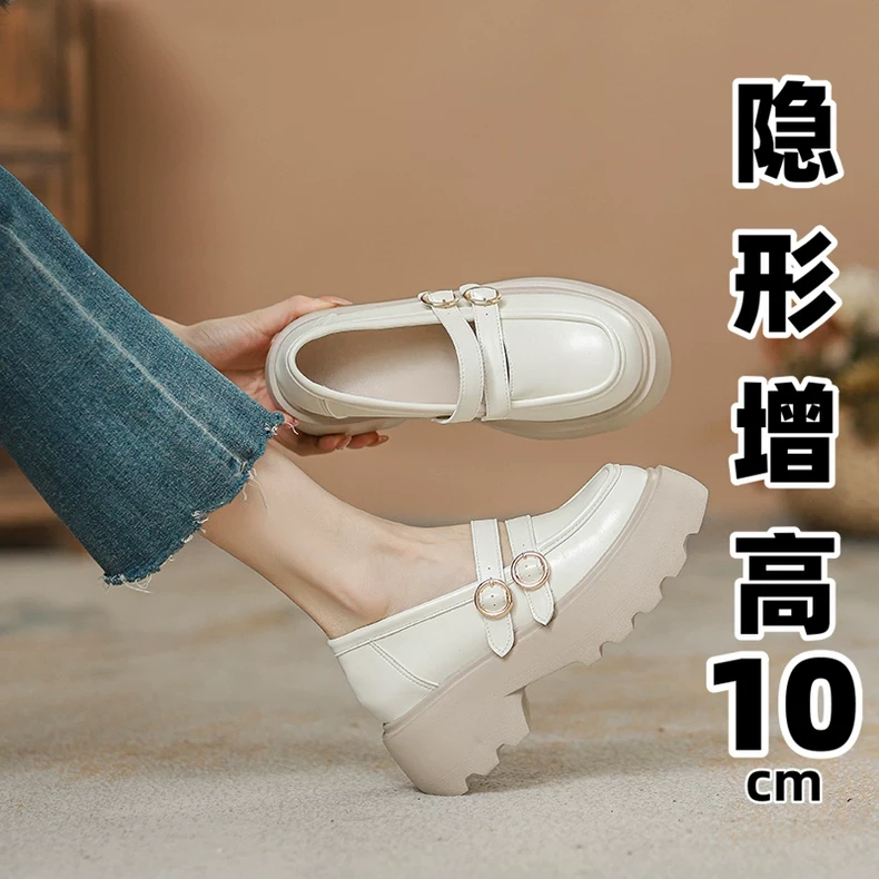 内增高小皮鞋女鞋乐福鞋小个子厚底松糕底单鞋春夏季新款皮带扣