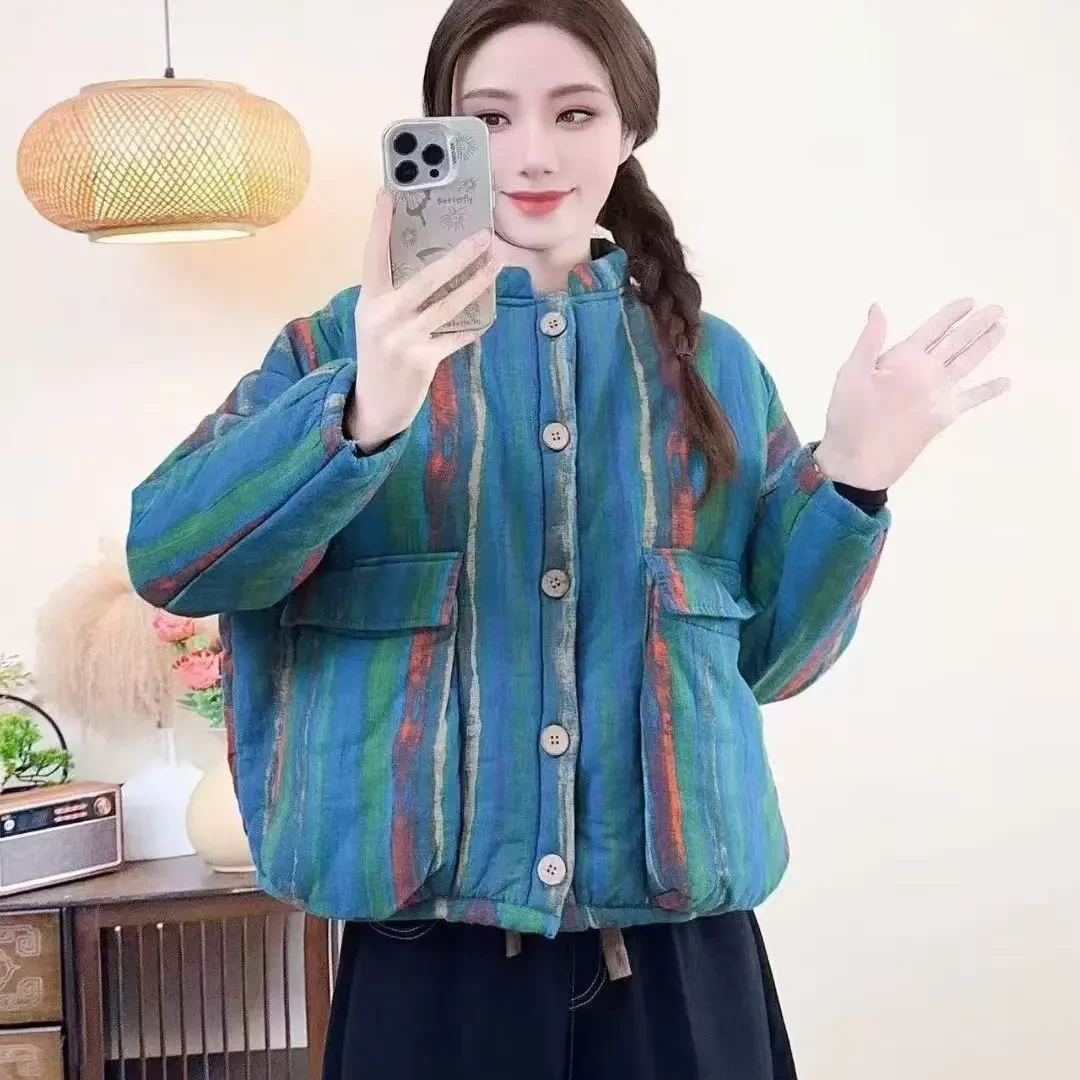 冬季加绒加厚条纹印花宽松保暖复古大口袋棉服外套女