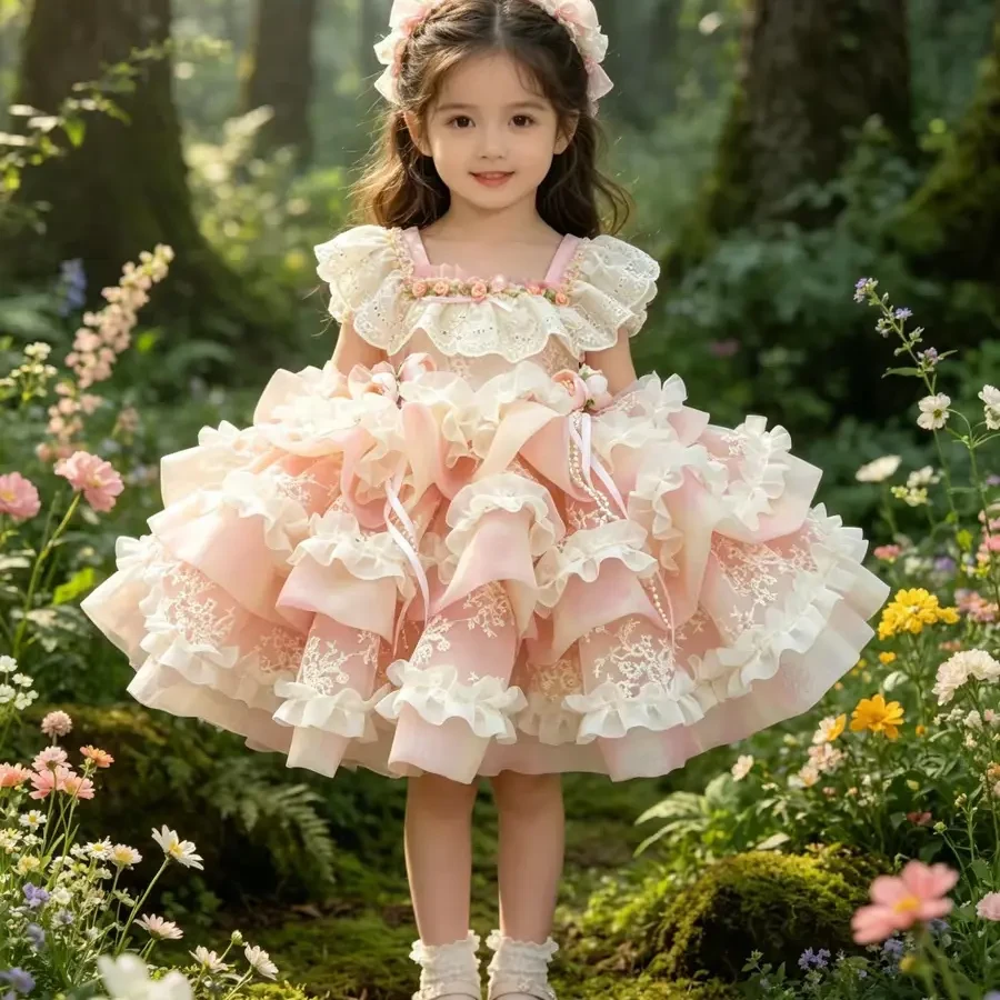 重工女童夏季“泡芙公主”➕万针刺绣大拖尾丽洛丽塔蓬蓬生日礼服裙