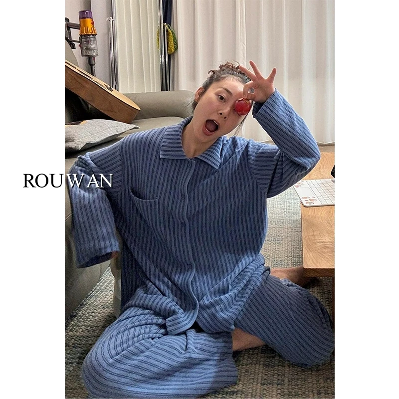 【韩系简约条纹】德绒睡衣女款秋冬季加绒长袖长裤家居服大码套装