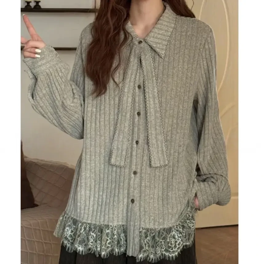 花花家秋季蝴蝶结条纹衬衫气质设计感时尚复古小众设计感上衣8114