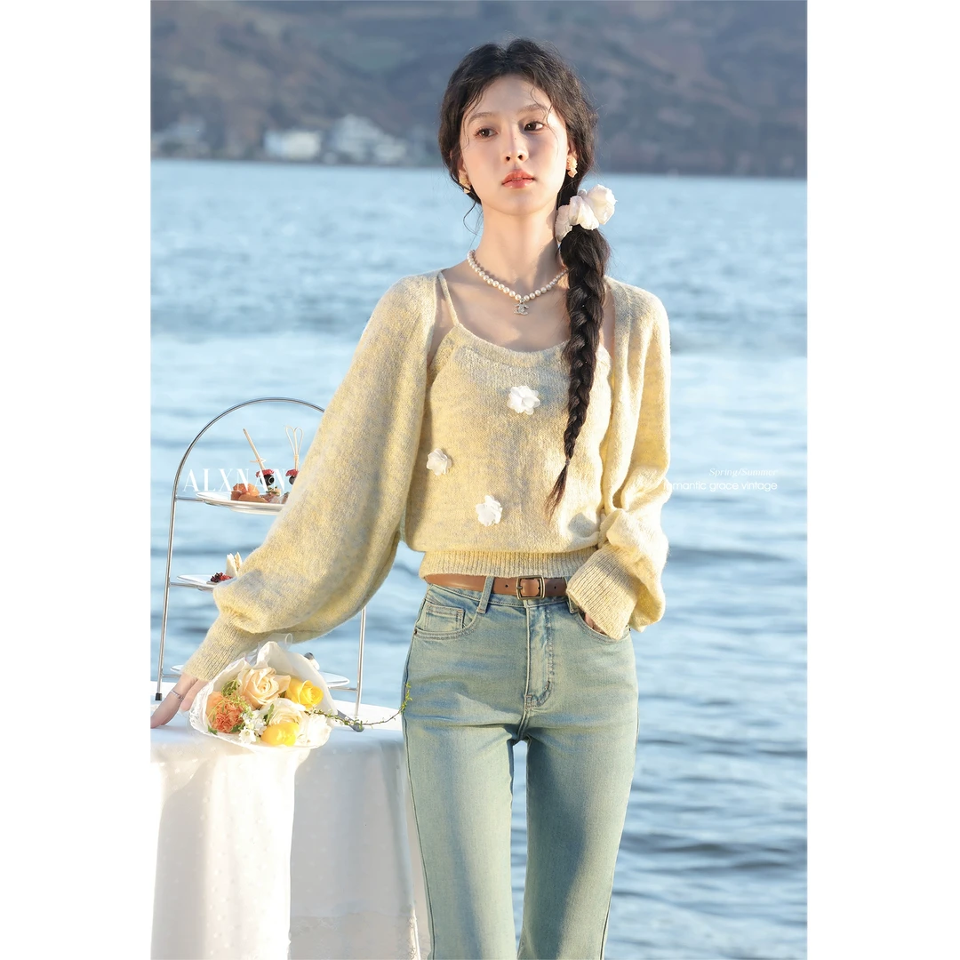 【清清】通勤时尚套装毛针织开衫背心吊带套装女L526100