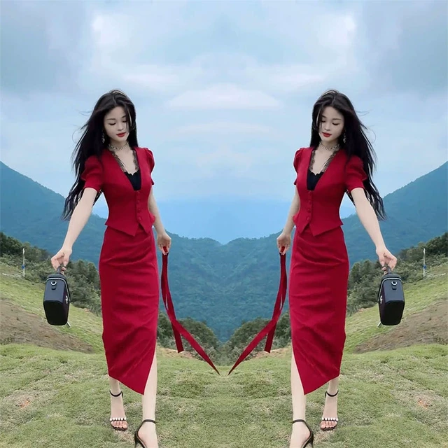 2025夏季新款色短袖收腰上衣高腰开叉半身裙气质时尚两件套套装