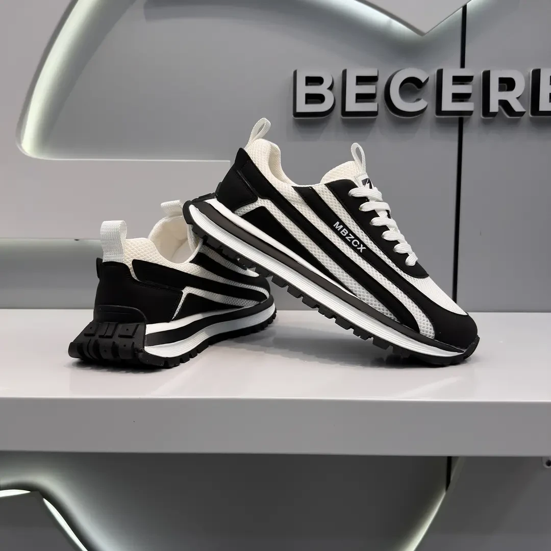 时尚百搭网面透气休闲鞋低帮拼色春夏季新款厚底增高防滑日常男鞋