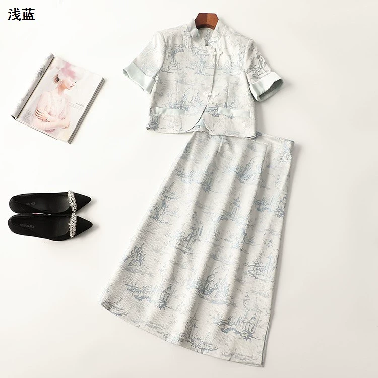 245156春盘扣钉珠国风中长款短袖立领外套半身裙套装