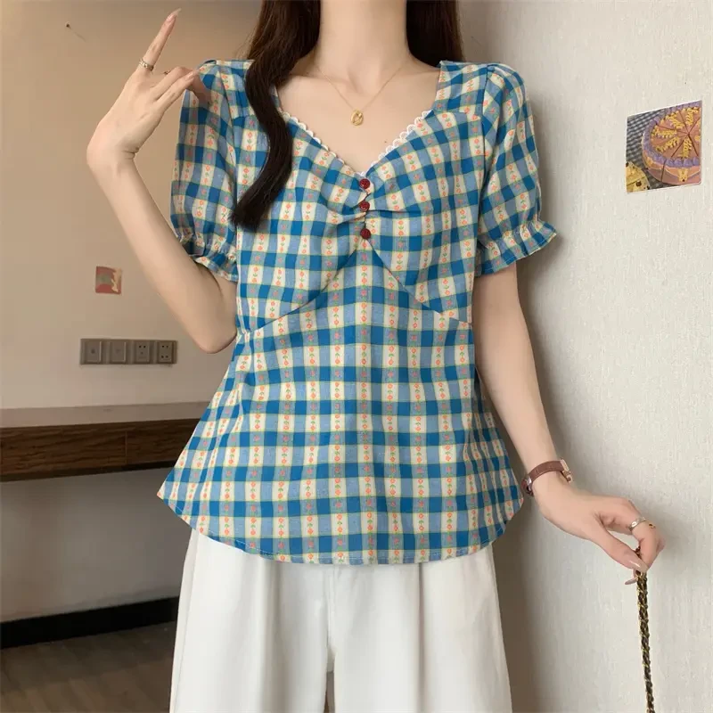 特价夏季新款大码胖MMV领泡泡袖短袖衬衫收腰显瘦设计感上衣105