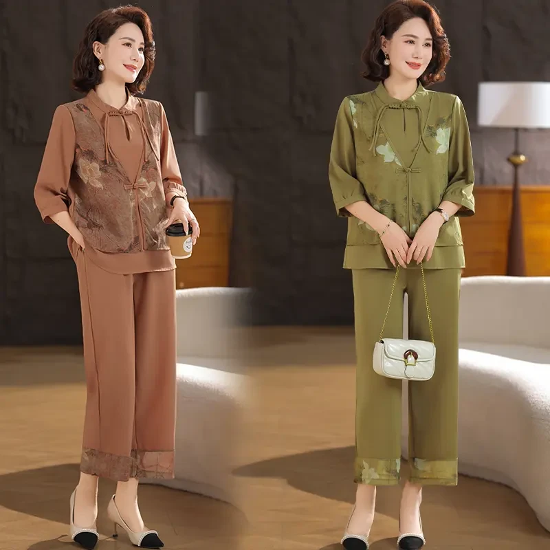 时尚中年妈妈春装中袖新中式套装中老年女夏季洋气国风两件套新款