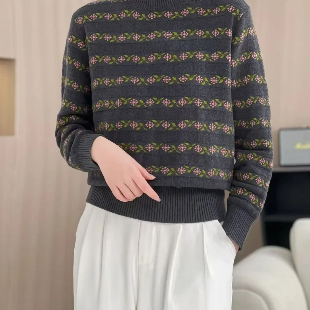 圆领厚款提花半高领宽松女衫百搭条纹短款网红
