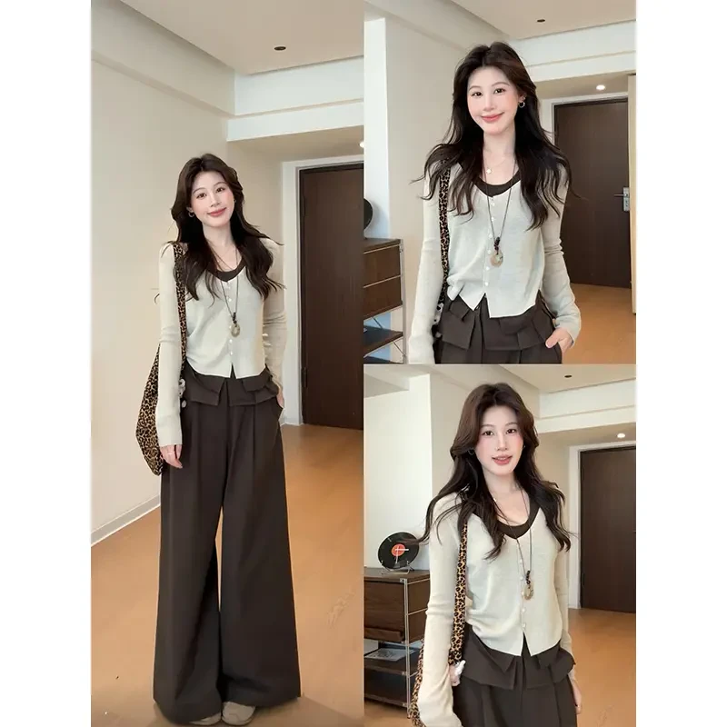 韩系撞色假两件长袖针织衫上衣气质阔腿休闲裤女装禅意仙气飘飘