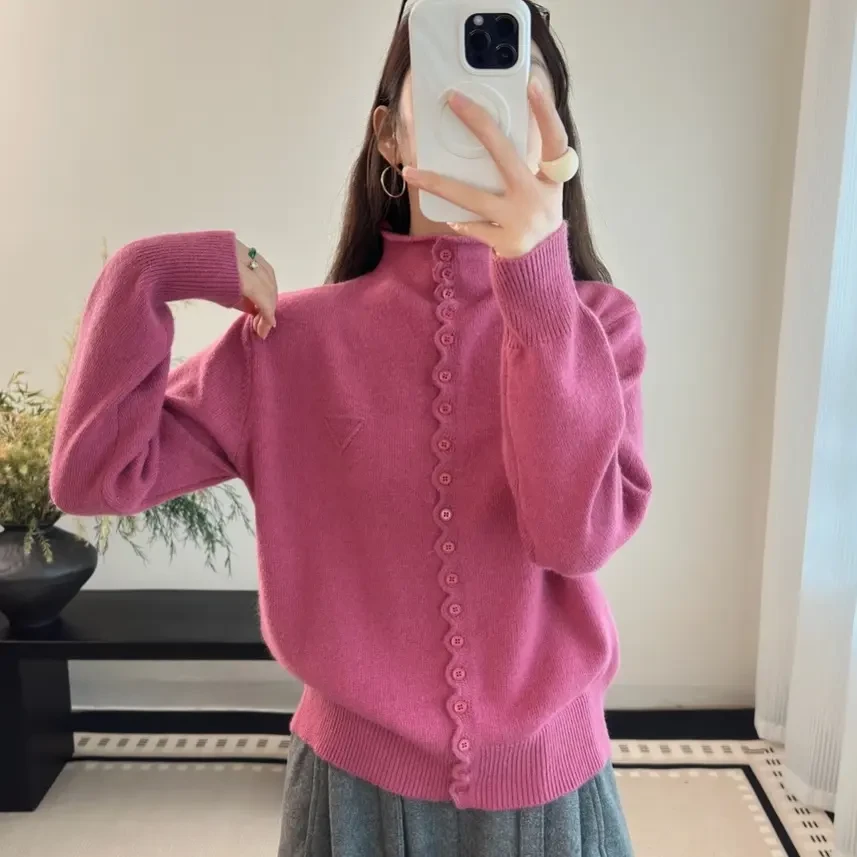 半高领针织开衫女秋冬新款花边扣宽松显瘦立领保暖毛衣外套上衣