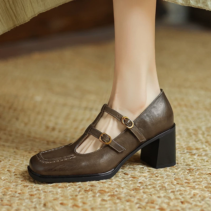 真皮方头浅口丁字扣带玛丽珍单鞋女2025新款粗跟舒适不累脚高跟鞋