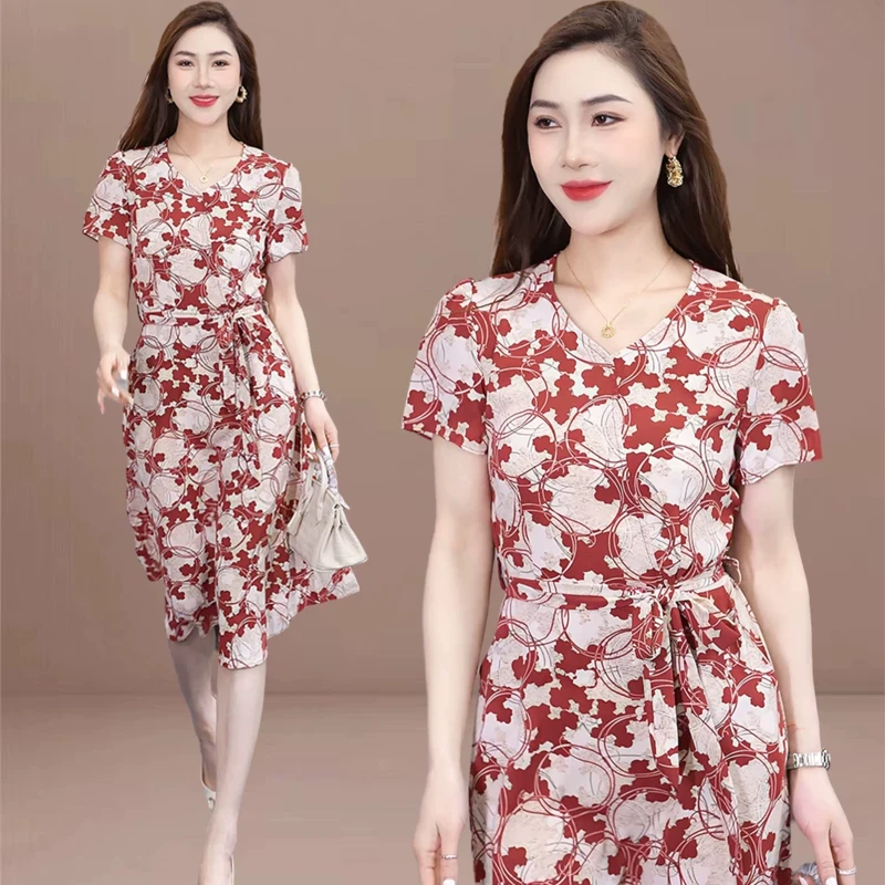 夏季新款连衣裙女洋气中年妈妈夏装短袖雪纺裙时尚碎花中长