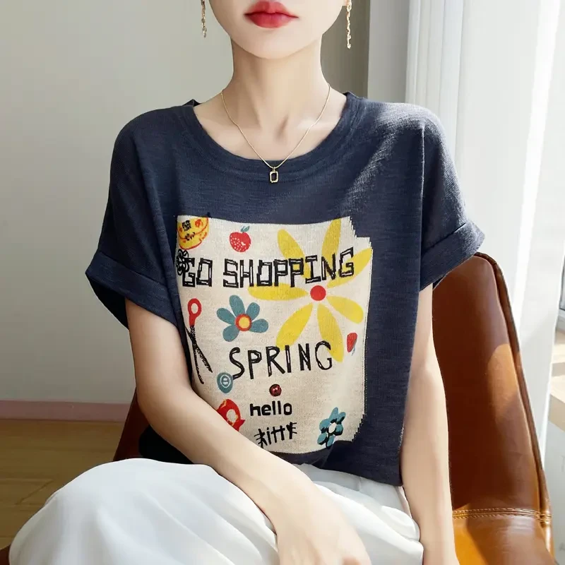 短袖T恤女2025夏季新款冰丝韩版宽松圆领印花减龄落肩针织上衣