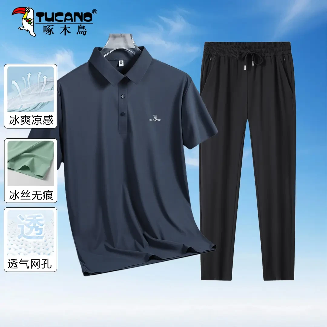 【冰丝套装】啄木鸟中老年休闲短袖POLO衫男冰丝裤爸爸装父亲节礼物