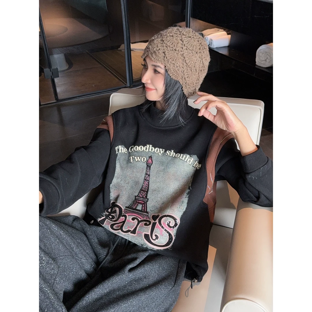 2024冬季新款创意印花镶钻撞色加绒半高领套头卫衣W33148