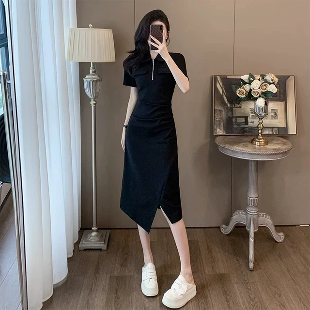 polo连衣裙女夏季薄款2025年新款设计感褶皱收腰显瘦开叉中长裙子