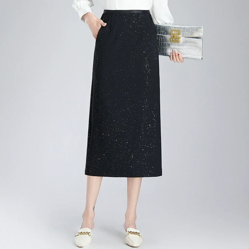 亮片包臀裙显瘦半身长款一步裙黑色高腰长裙后开叉2025年春季新款