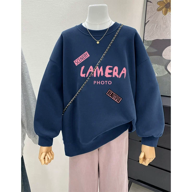 大码胖mm春秋季加绒加厚圆领无帽卫衣女oversize显瘦百搭长袖上衣