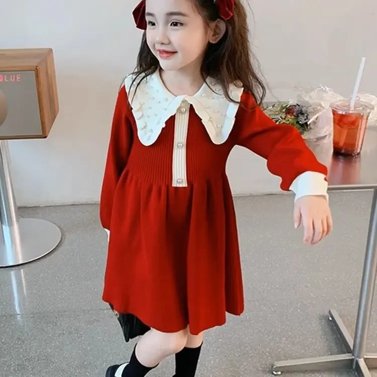 女童秋冬红色针织连衣裙新款洋气公主裙学院风爆款