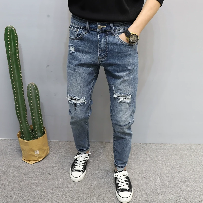 破洞蓝色牛仔裤男韩版修身小脚裤子2025四季百搭时尚流行长裤品质