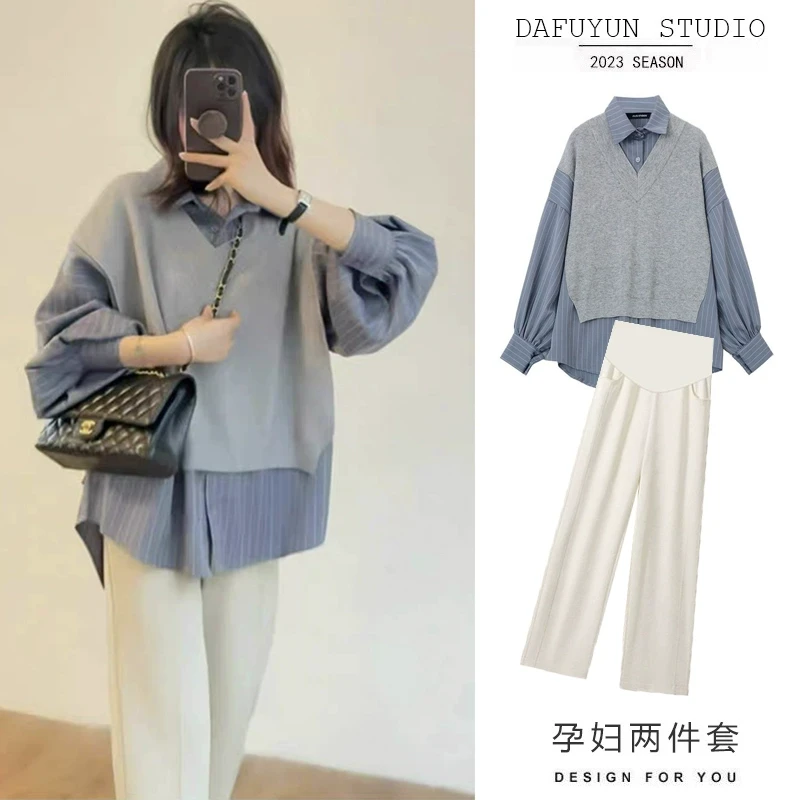孕妇春装衬衫春秋时尚新款衬衣宽松中长款上衣高级感休闲两件套潮