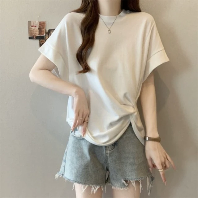 独特漂亮不规则正肩短袖T恤女夏季大码胖mm高级感紫色蝙蝠衫上衣