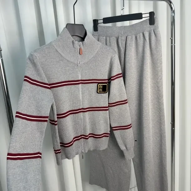 撞色条纹长袖针织衫双拉链设计女士秋冬百搭毛衣外套