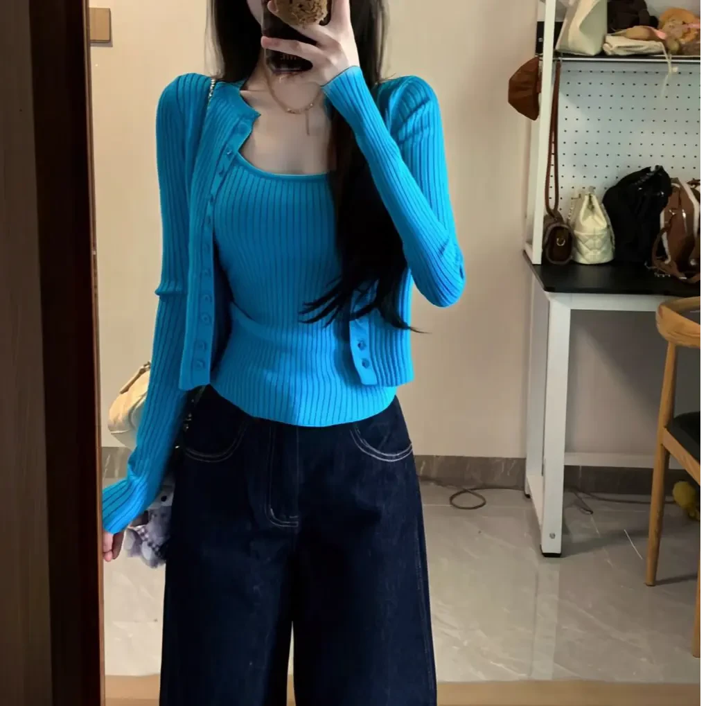 韩系纯欲辣妹针织吊带开衫两件套女秋季多色百搭修身显瘦小上衣