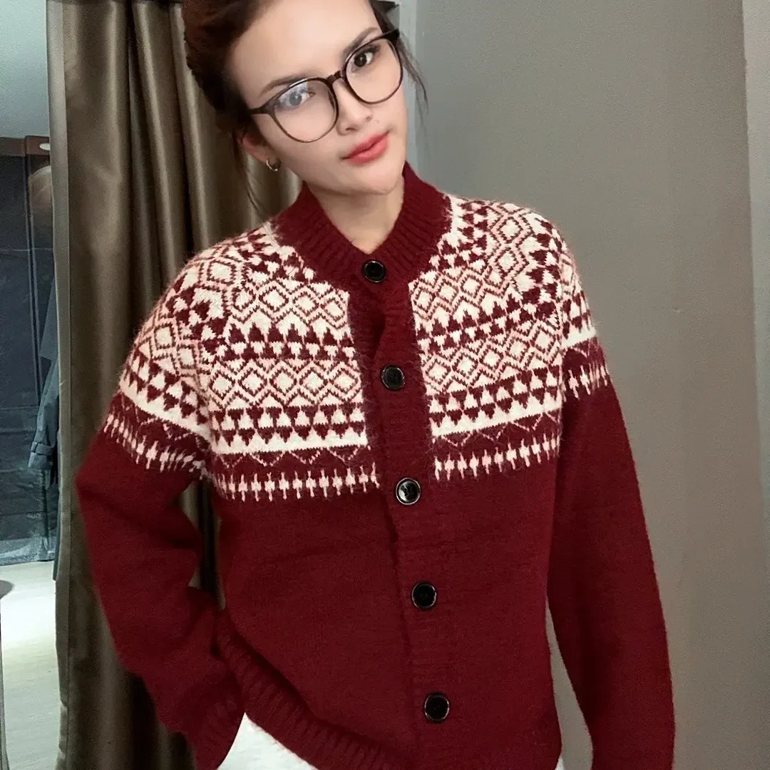 复古提花开衫款圆领针织毛针织衫百搭红色衫拼色