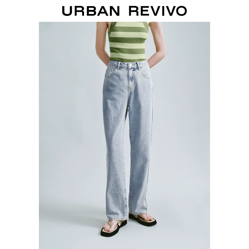 UR2025春季新款女装欧若风休闲浅蓝洗水直筒牛仔长裤UWH850031