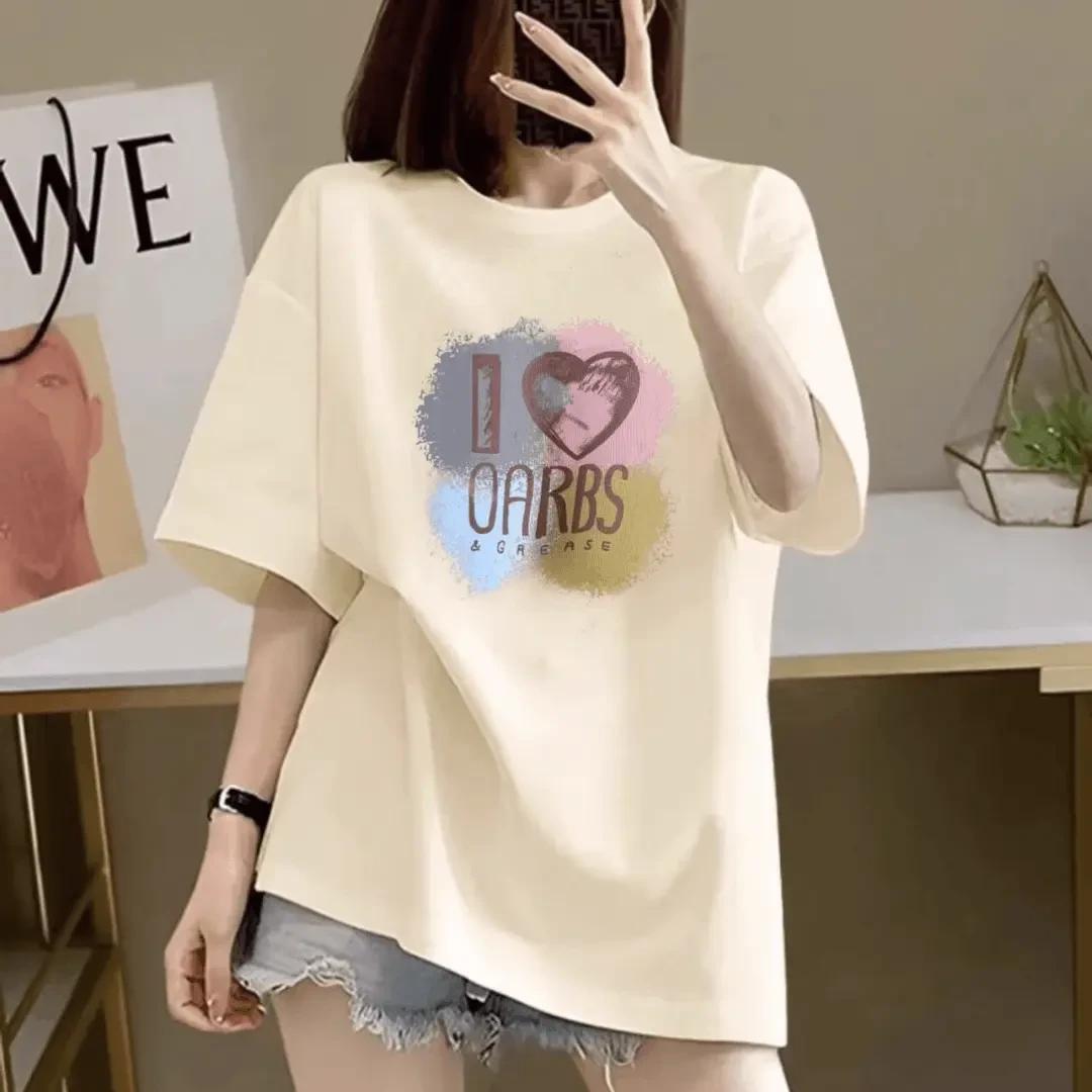 2025纯棉大码短袖百搭T恤夏季印花宽松显瘦圆领时尚多巴胺上衣