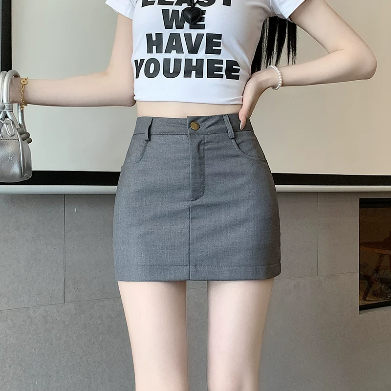 灰色西装半身裙女夏季2025新款辣妹高腰显瘦a字裙小个子包臀短裙