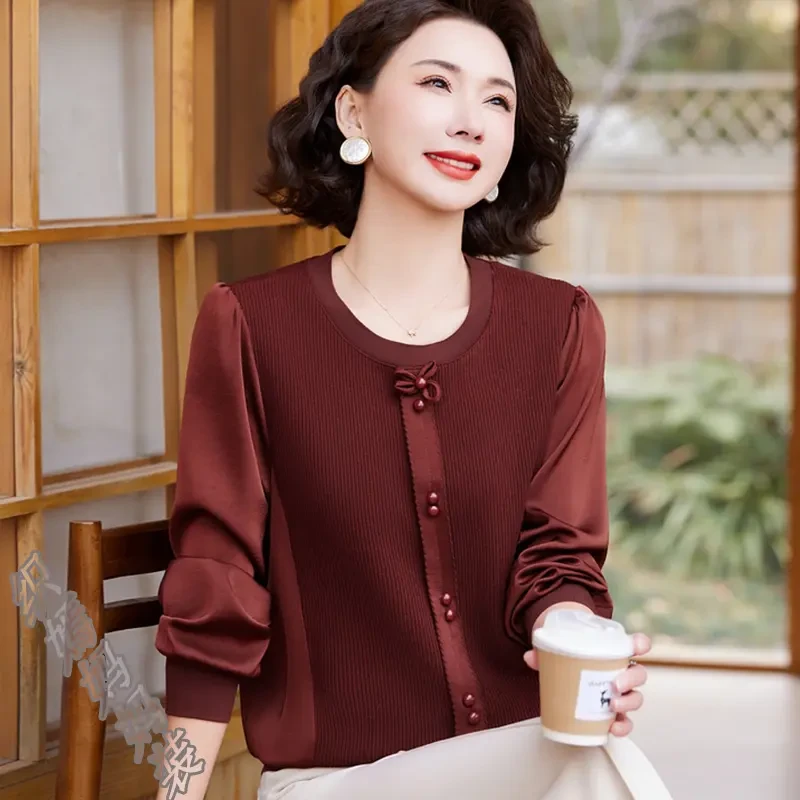 妈妈春秋装时尚拼接小衫洋气2025新款新中式中老年女装打底上衣