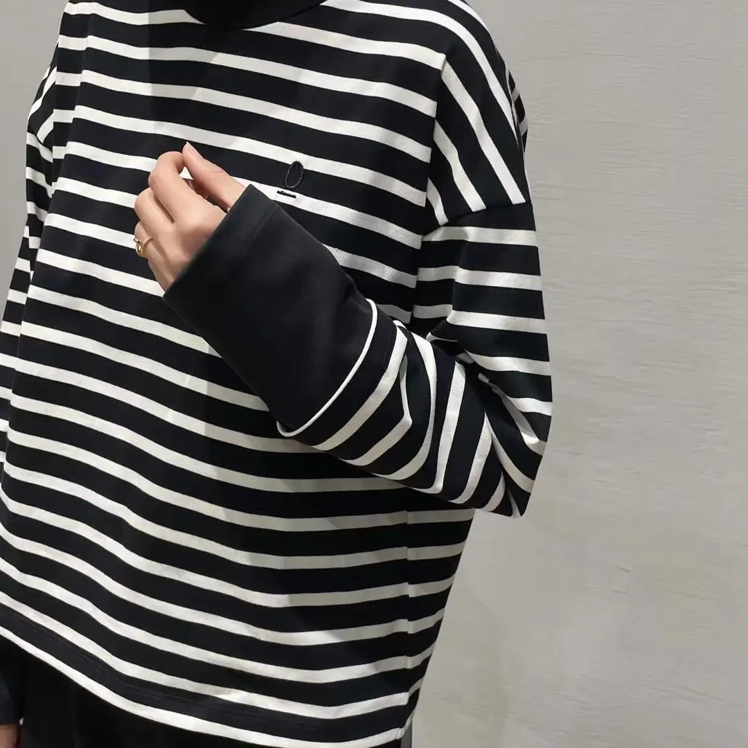 美式休闲撞色条纹拼接长袖假两件圆领T恤女秋季新款套头上衣