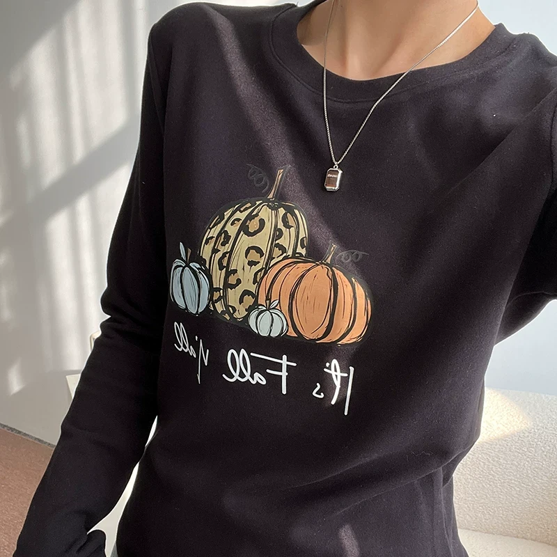圆领南瓜印花长袖t恤女春秋欧货独特别致洋气加绒德绒打底衫内搭