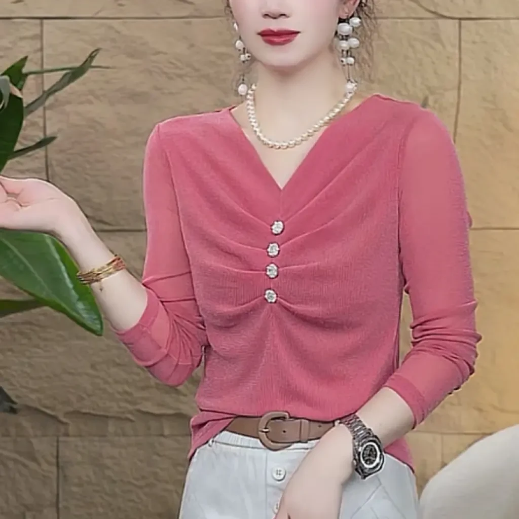 2025早秋新款时尚洋气纯色网纱显瘦V领纽扣长袖T恤修身百搭女上衣