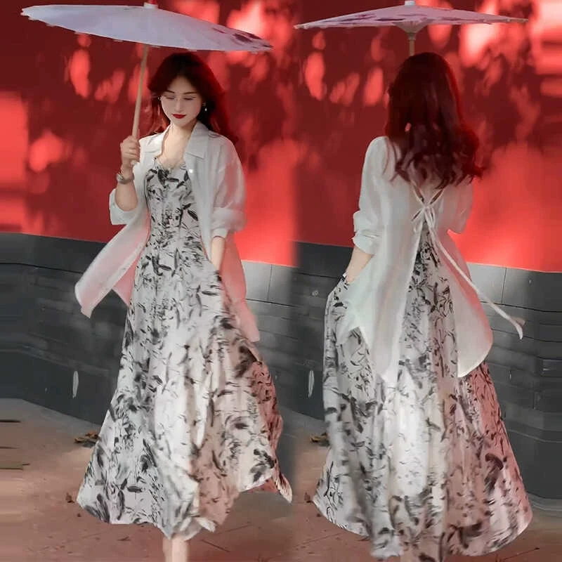 时尚连衣裙套装女2025夏季洋气显瘦防晒衬衫国风碎花吊带裙两件套