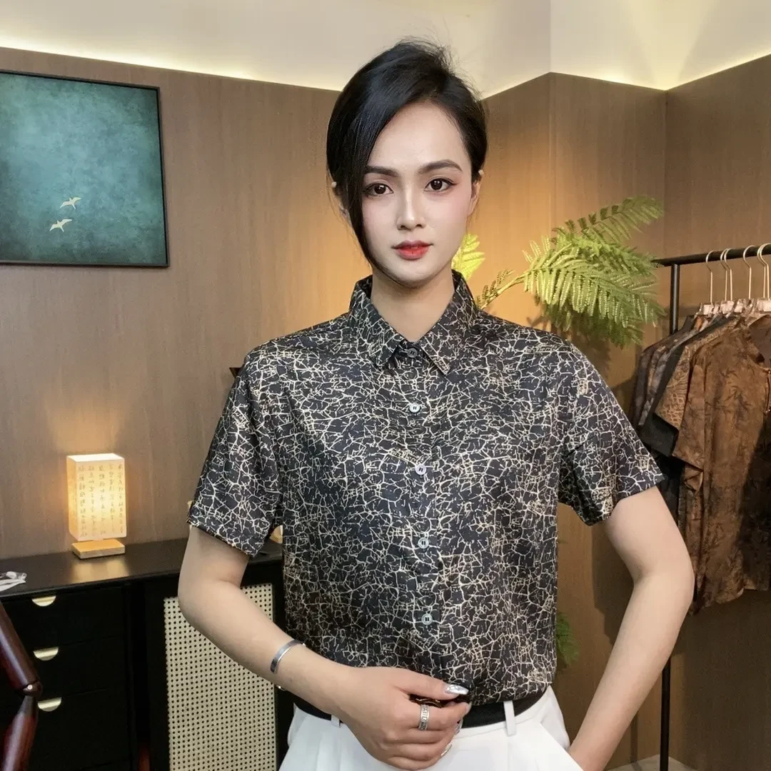 25年海宁路易原创夏季新款〓桑蚕丝系列•龟纹印花•翻领衬衫男装-1