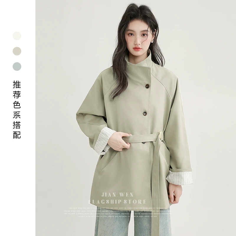 立领双排口风衣外套女2025春秋新款韩版宽松休闲百搭高级感大衣潮