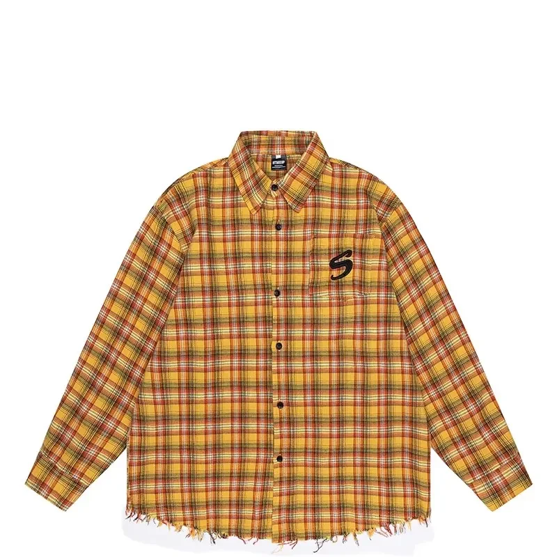 2025美式男女多巴胺黄色格子衬衫下摆毛边开衫上衣翻领外套