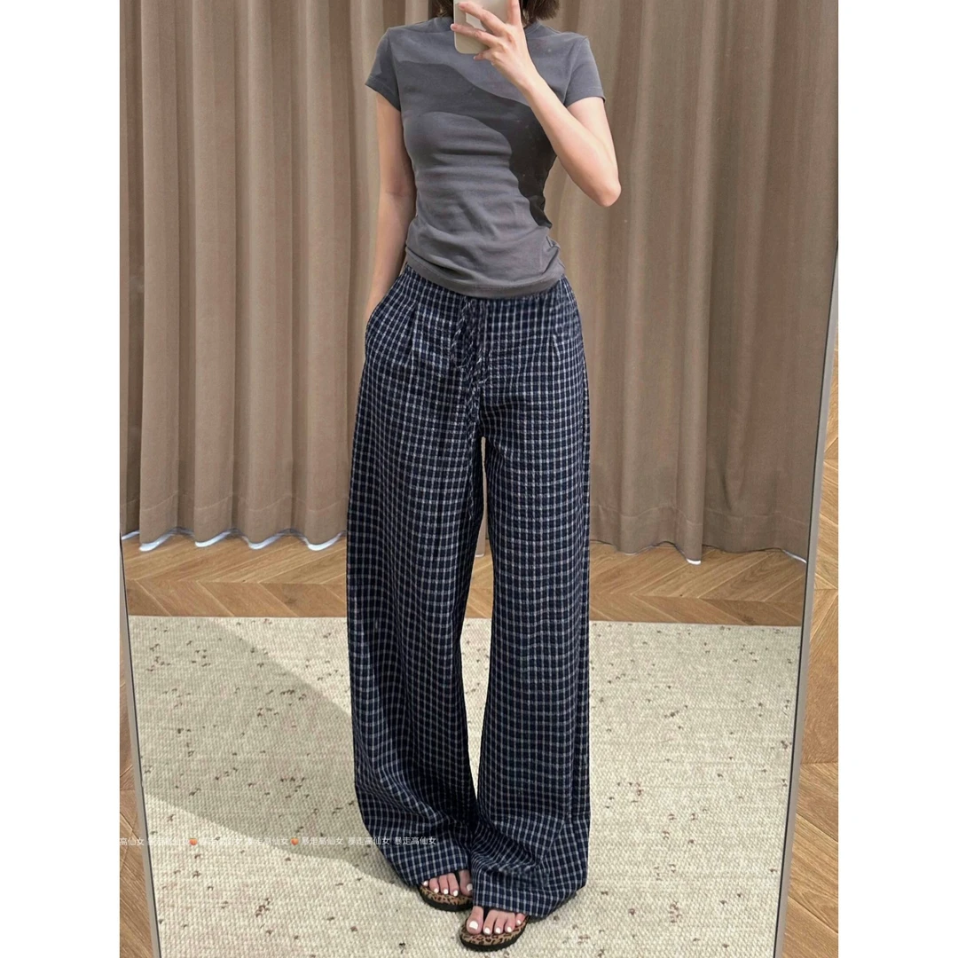 2547暴走高仙女175高个子女生加长版复古蓝色格纹阔腿夏季拖地裤