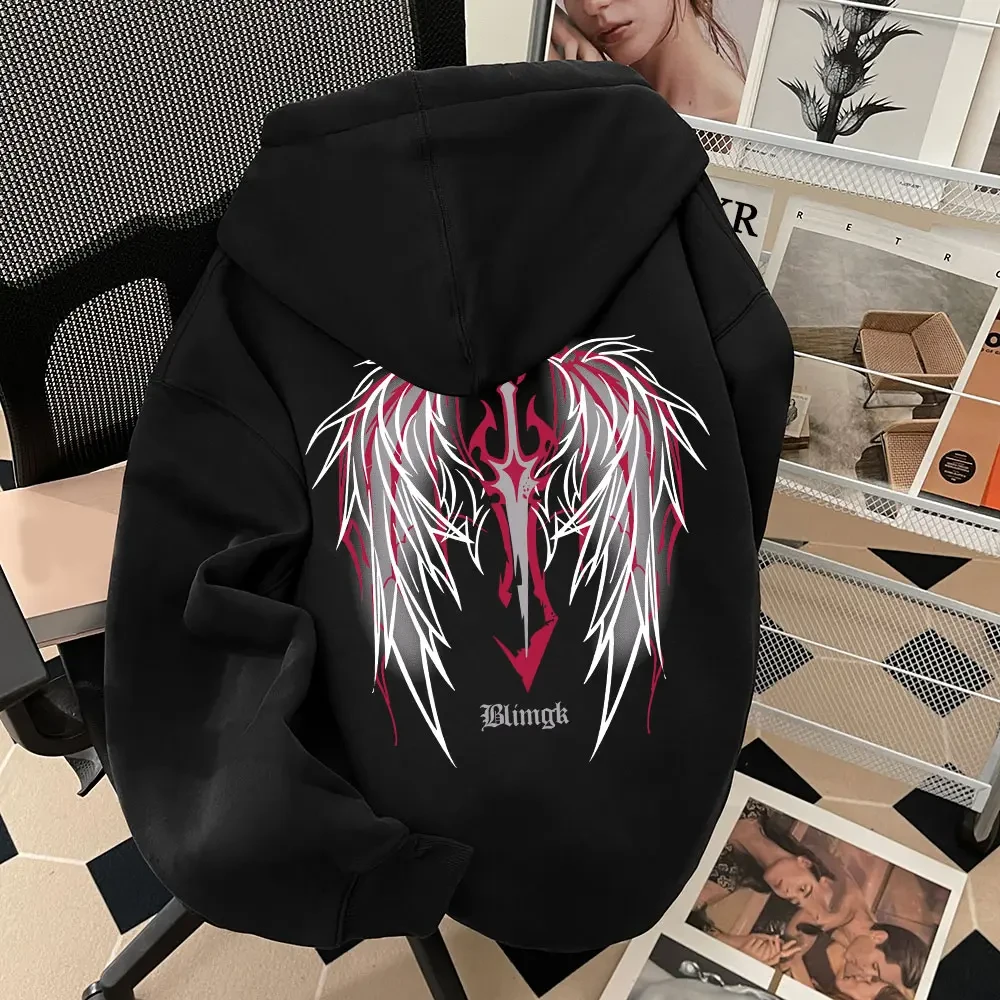 美式复古恶魔翅膀印花男童连帽卫衣秋冬季高街潮牌hiphop中大童