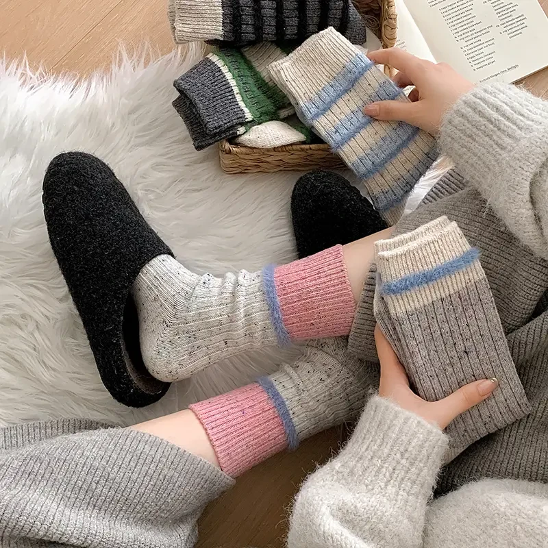 粗线点子纱条纹毛袜子女中筒袜女袜秋冬加厚毛毛堆堆袜舒适保暖s