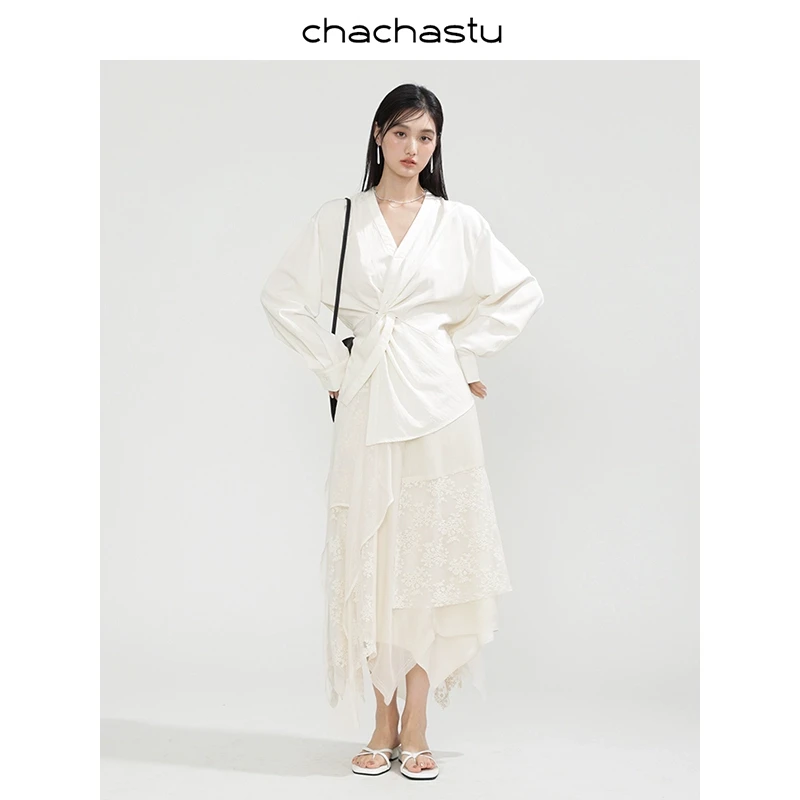 CHACHASTU【春日】伯爵茶系列 扭结裁剪拼接显瘦衬衫 半裙  ZRS1333