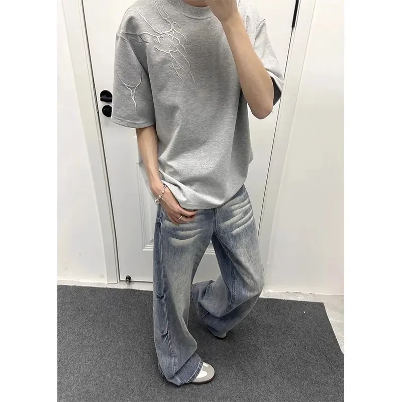 灰色暗纹闪电刺绣T恤男款夏季美式复古短袖高街cleanfit重磅半袖