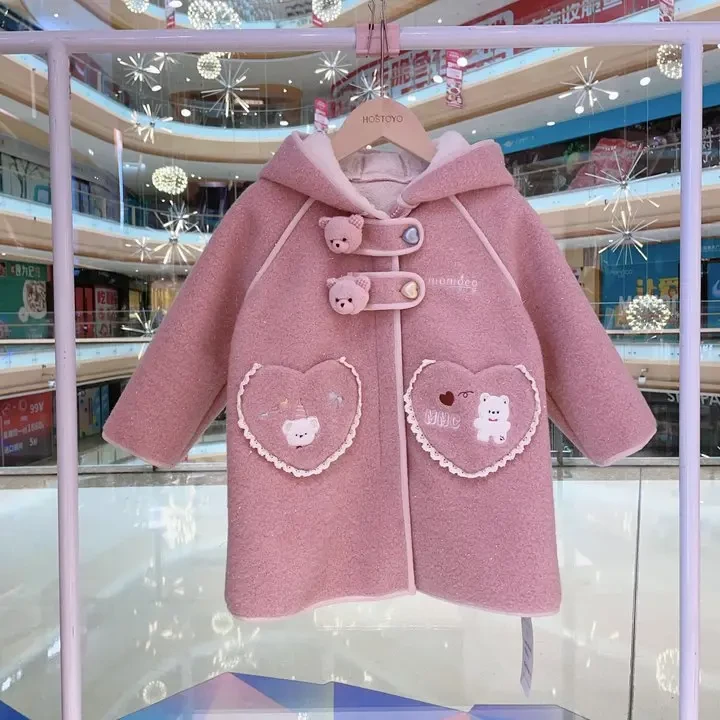 皇室童缘【加绒】2024冬季女童甜美爱心小熊公仔粉色毛呢外套儿童