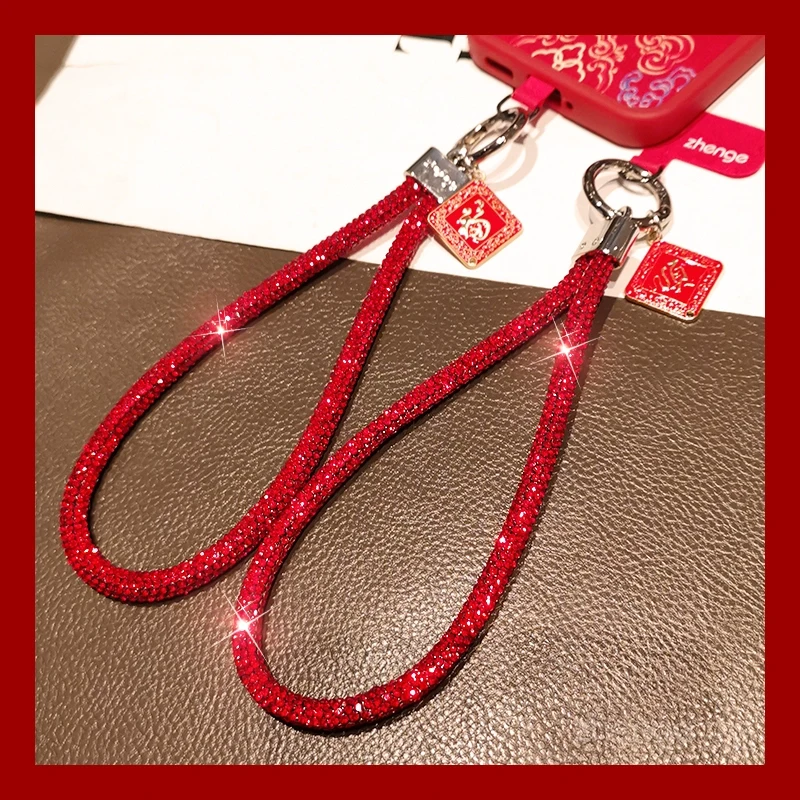 双域红色满钻蝴蝶结手机挂绳手工女款手提手腕绳轻奢创意小香风